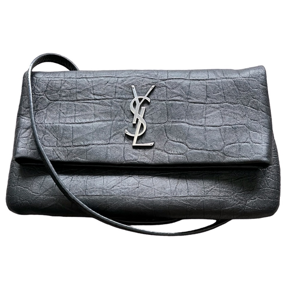 YSL Saint Laurent West Hollywood Croc Embossed Clutch Crossbody in Black